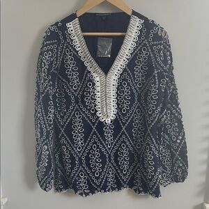 Boston Proper Navy Blouse with White Embroidery & Beading Detail